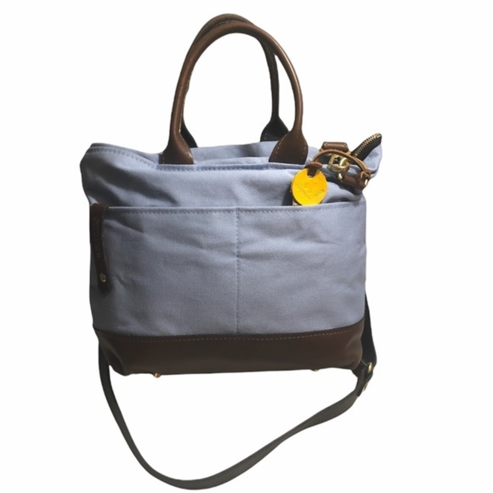 R. Riveter Otto light blue denim brown leather bag